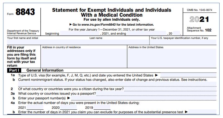 미국 유학생 세금보고 양식 (Form 8843))