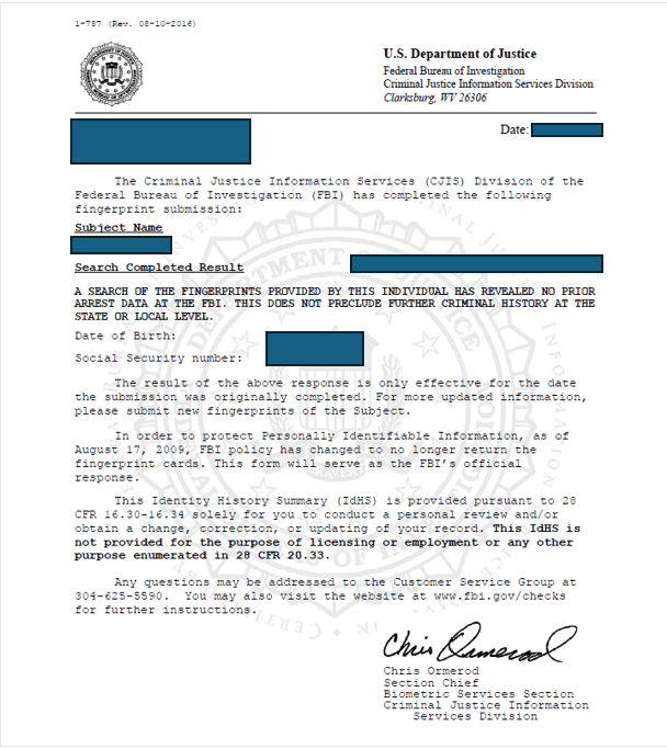 FBI 범죄경력증명서 문서