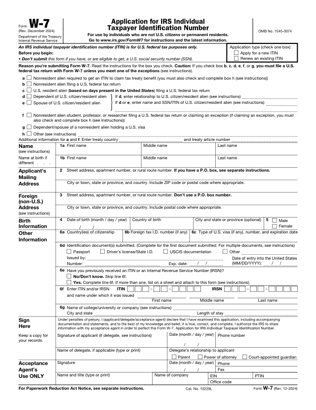 IRS Form W-7 ITIN 신청서 (Rev. December 2024)