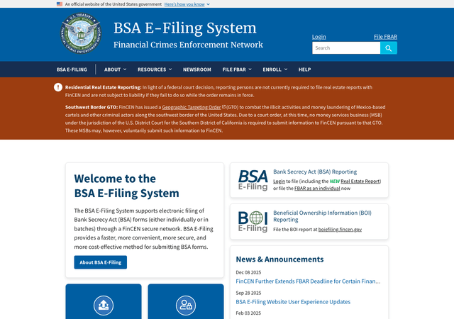 FBAR FinCEN 114 신고 BSA E-Filing 시스템 화면