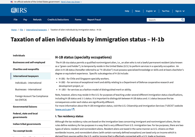 IRS H1B 외국인 과세 구분 공식 안내 페이지
