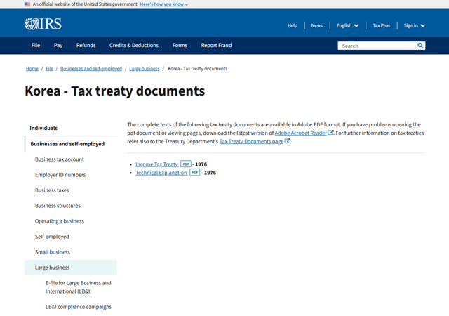 IRS 한미 조세조약 문서 안내 페이지 (US Korea tax treaty documents)