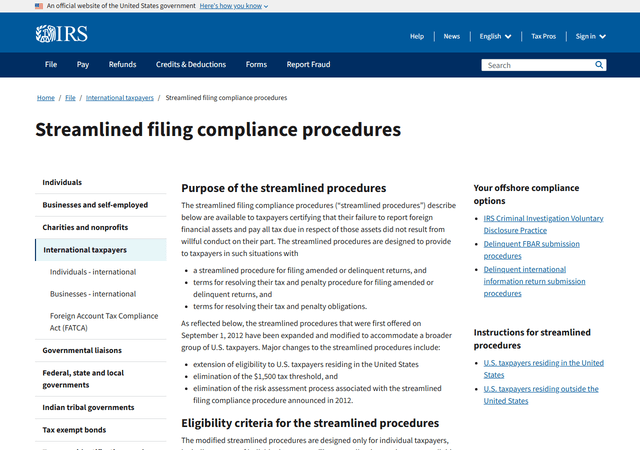 IRS Streamlined Filing Compliance Procedures 안내 페이지