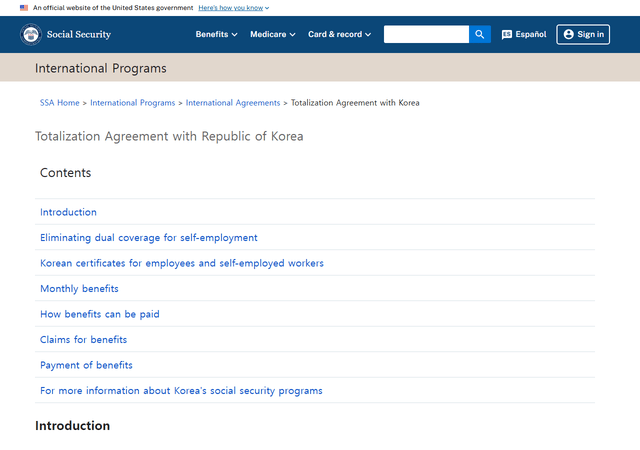SSA 한미 사회보장협정 안내 페이지 (Korea US Totalization Agreement)