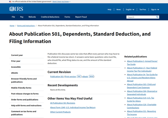 IRS Publication 501 부양가족 기준 안내 페이지