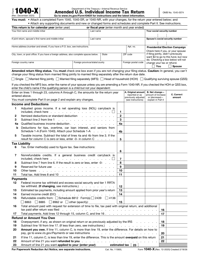 Form 1040-X 수정신고 양식 첫 페이지