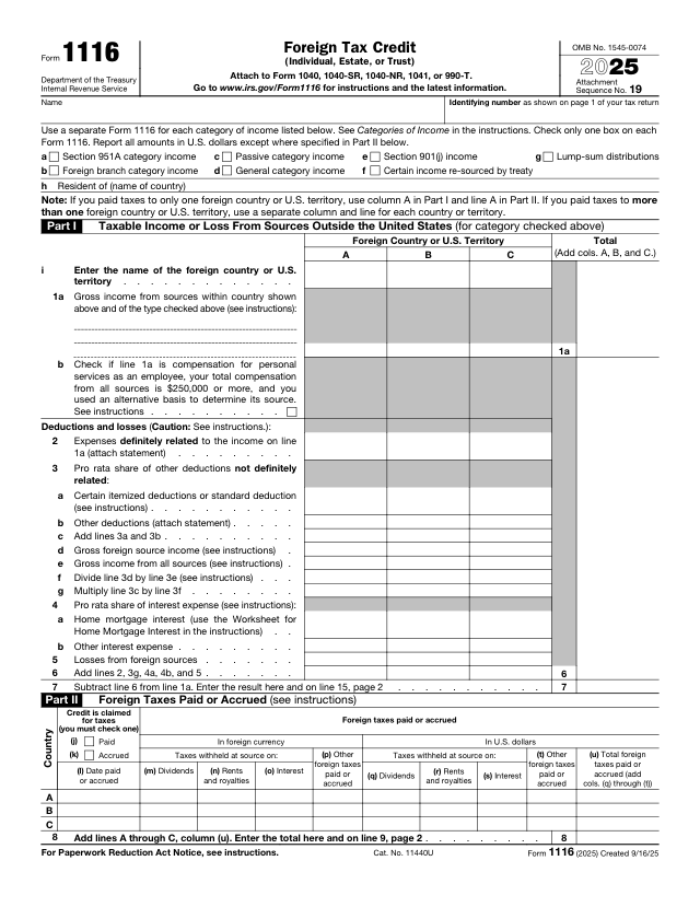 Form 1116 외국납부세액공제 양식 첫 페이지