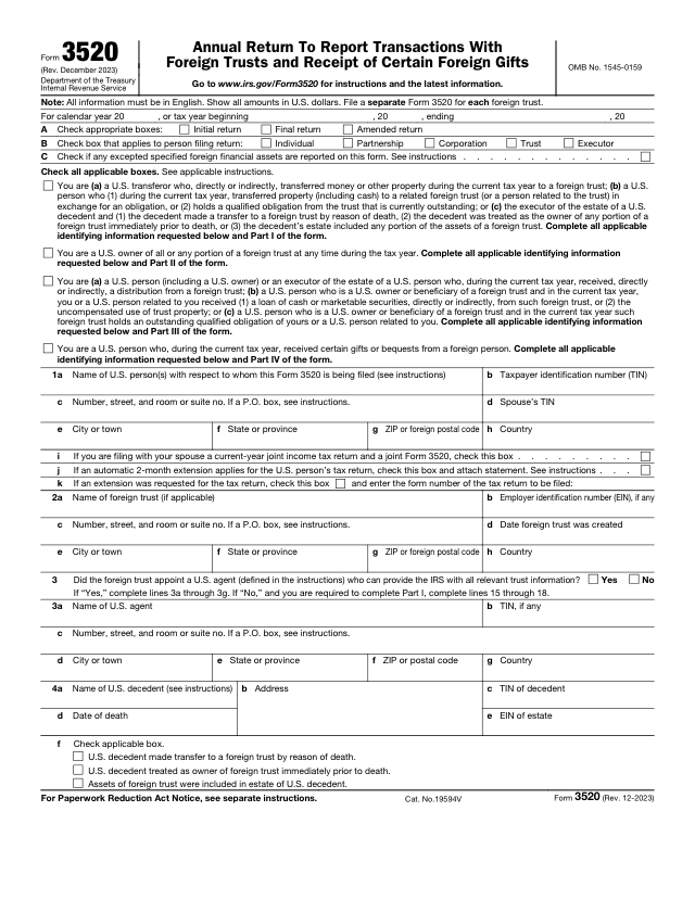Form 3520 외국 증여 상속 신고 양식 첫 페이지
